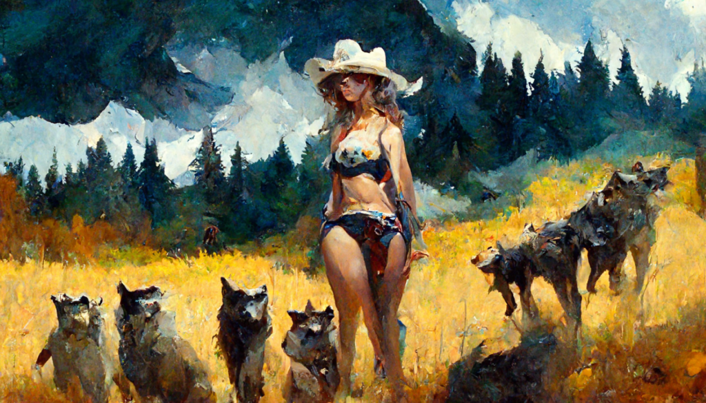 conduit_classic_landscape_painting_bikini_cowboy_girl_surrounde_0a386443-95df-4a55-99ec-6f482022efba